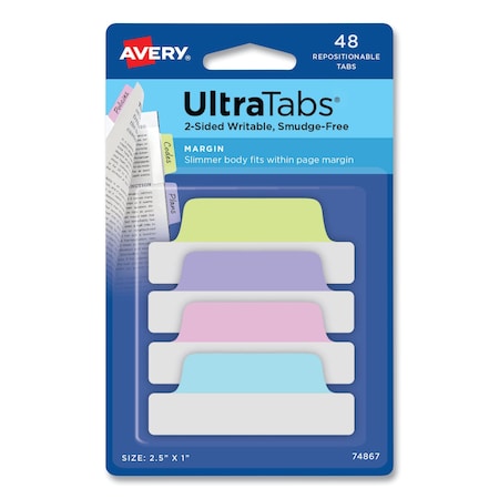Avery Ultra Tabs Repositionable Tabs, 2.5 x 1, Assorted Pastel, PK48 74867